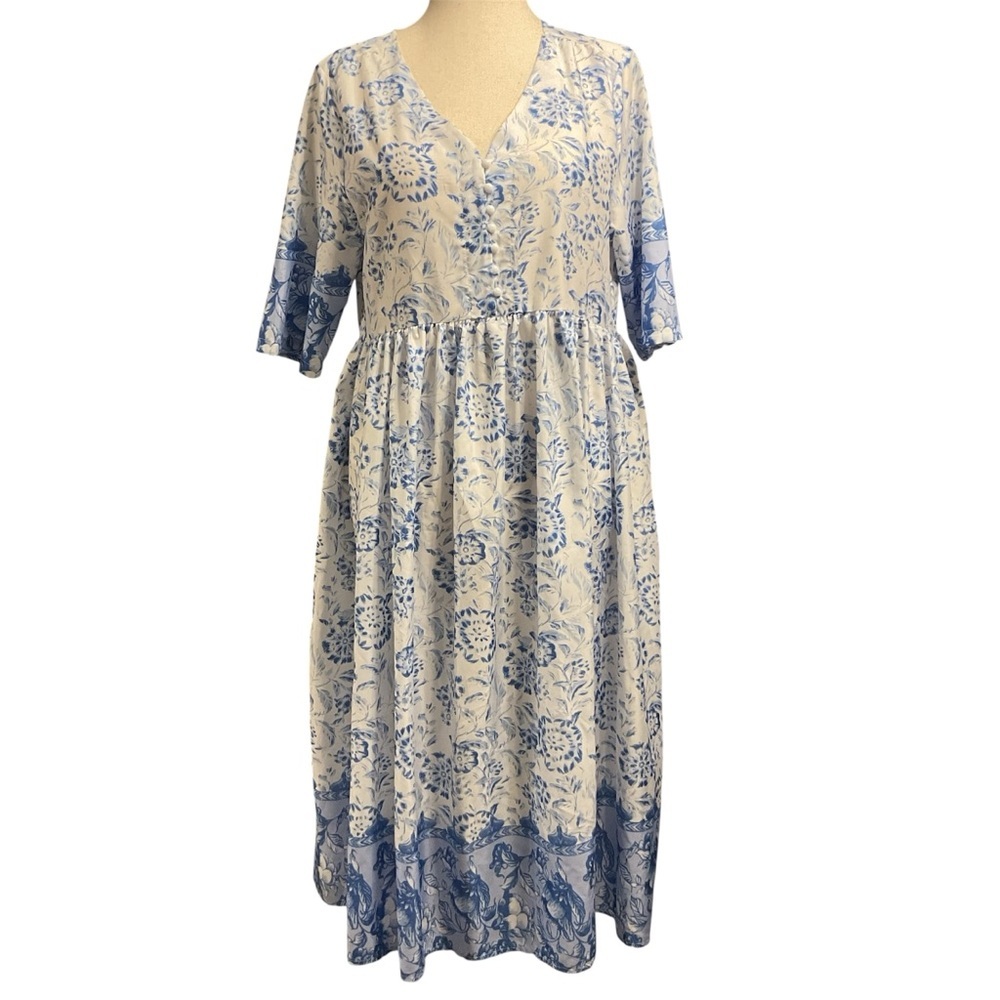 Blue Floral V-Neck Midi Dress - Brand: